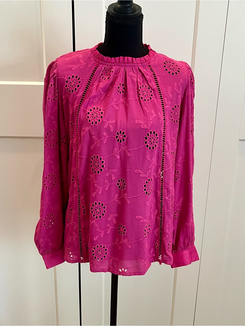 Nicole Miller Embroidered Eyelet Ruffle-Neck Blouse in Beautiful Berry Color M